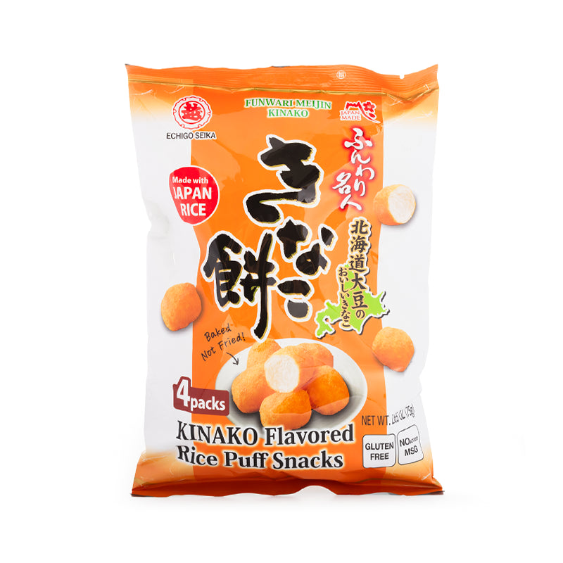A bag of Funwari Meijin Mochi Puffs: Sweet Roasted Soybean snacks by Echigo Seika on a white background.