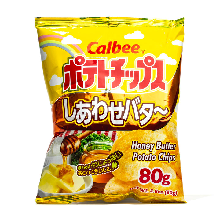 A bag of Calbee Potato Chips: Honey Butter 6 Pack, weighing 80g.