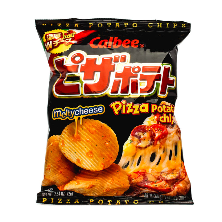 A bag of crunchy Calbee Pizza-flavored Potato Chips with melty cheese.