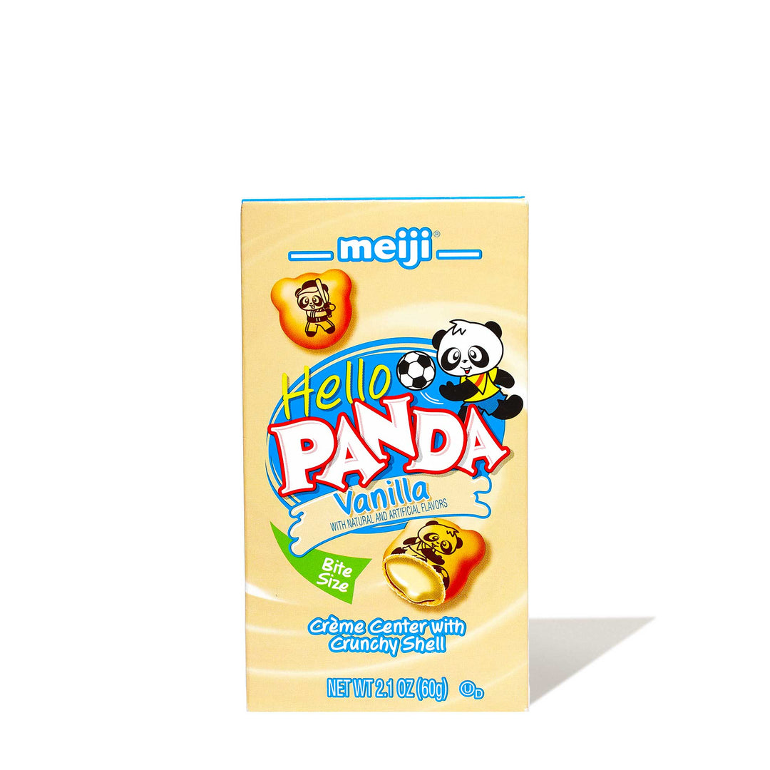 A box of Meiji Hello Panda: Vanilla candy on a white background.