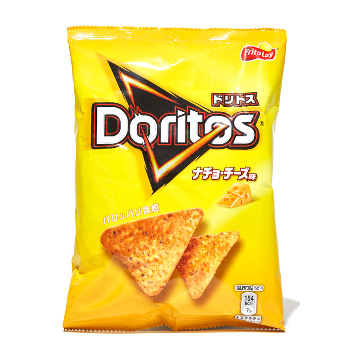 A bag of Doritos: Variety Pack nacho cheese flavored tortilla chips with Japanese labeling, promising a flavor explosion.