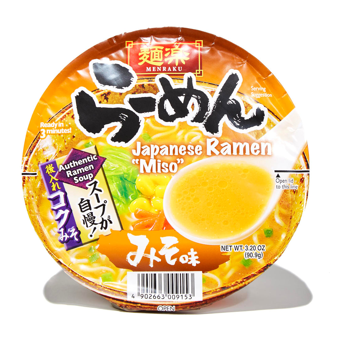 A package of Hikari Menraku Japanese umami ramen with "miso" flavor on a white background.