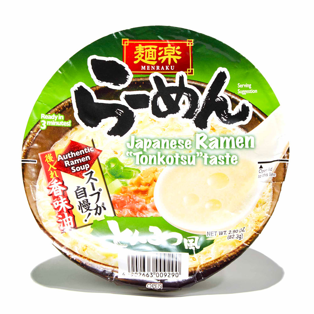 Instant Hikari Menraku tonkotsu-flavored Japanese ramen noodles in a bowl packaging.