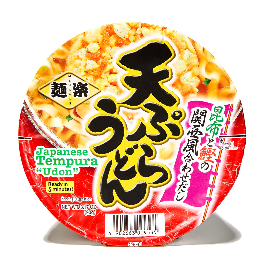 Packaged Hikari tempura udon instant noodles with an umami taste and a five-minute cooking time.