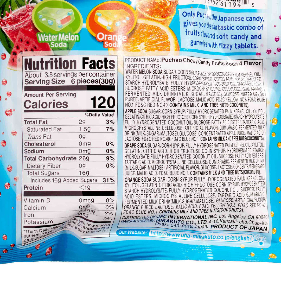 UHA Mikakuto Puchao Gummy Candy: Soda Mix 6 Pack packaging with nutritional facts label visible offers a unique candy experience with its assorted fruity flavors.