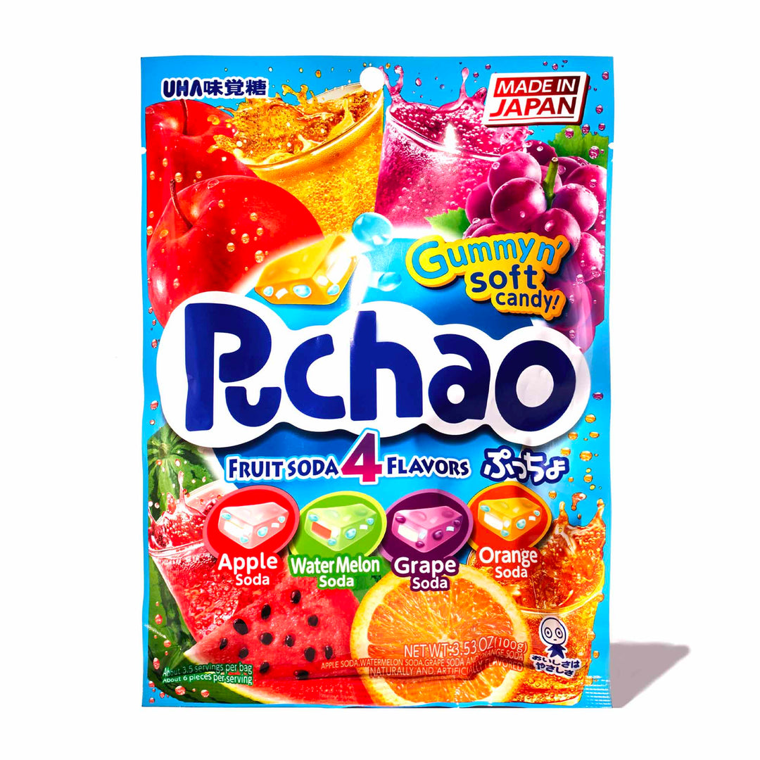 Colorful packaging of UHA Mikakuto Puchao Gummy Candy: Soda Mix 6 Pack, featuring four unique fruity flavors: apple, watermelon, grape, and soda.