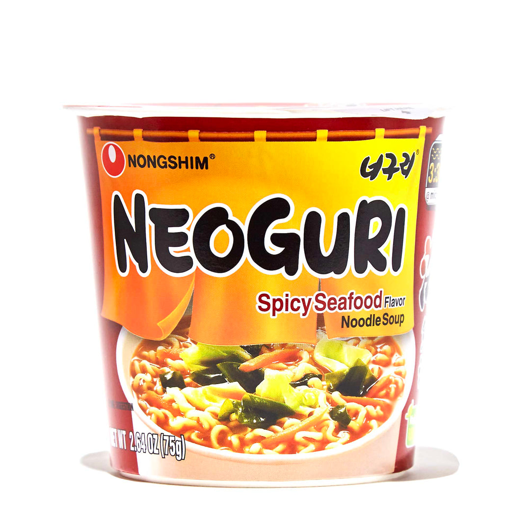A cup of Nongshim Neoguri, a spicy seafood noodle soup, on a white background.