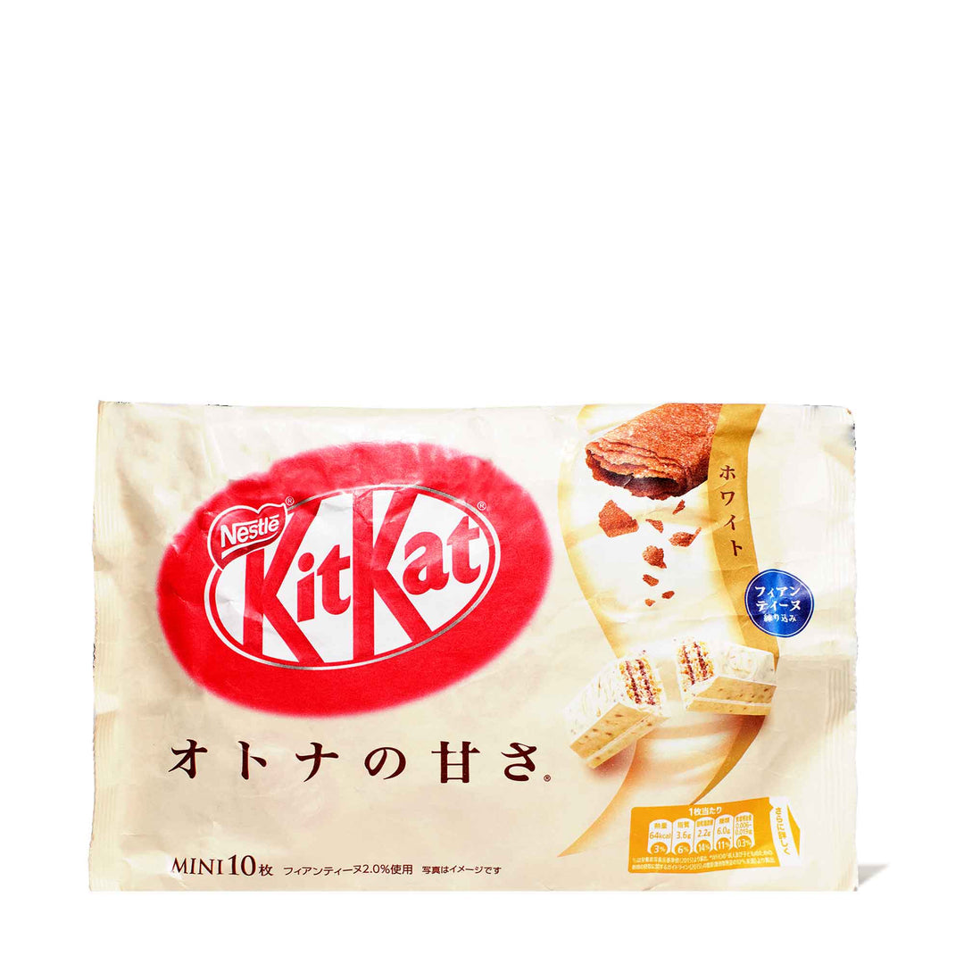 A bag of Japanese Kit Kat: White Chocolate Cookie bars on a white background by Nestle Japan.