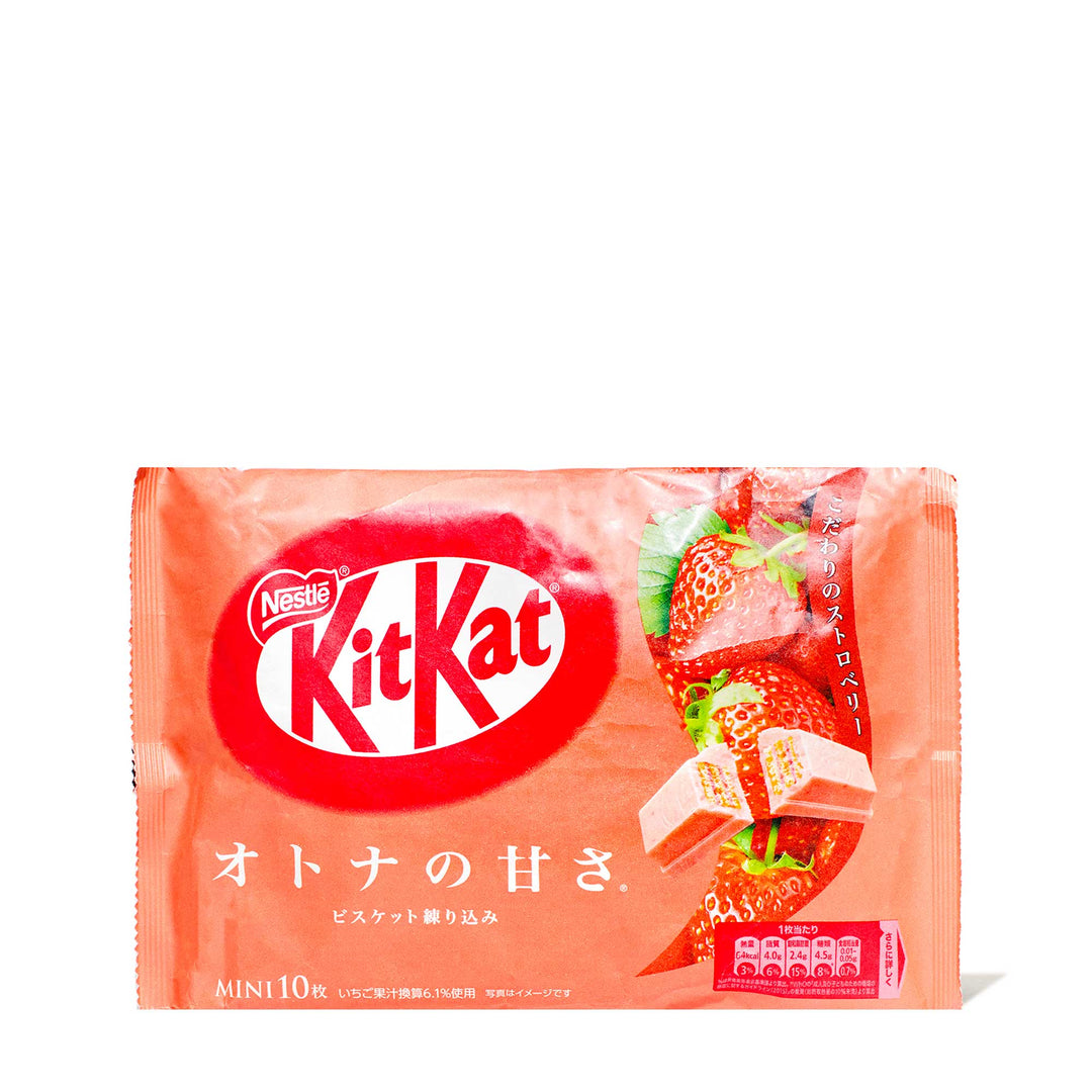 A bag of Japanese Kit Kat: Otona no Amasa Strawberry candy on a white background.