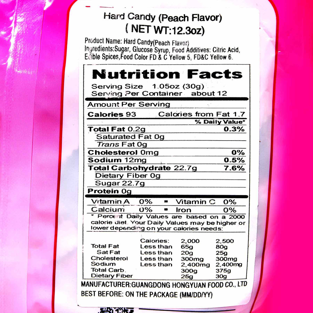 A label for a Hongyuan Peach Candy with a pink background.