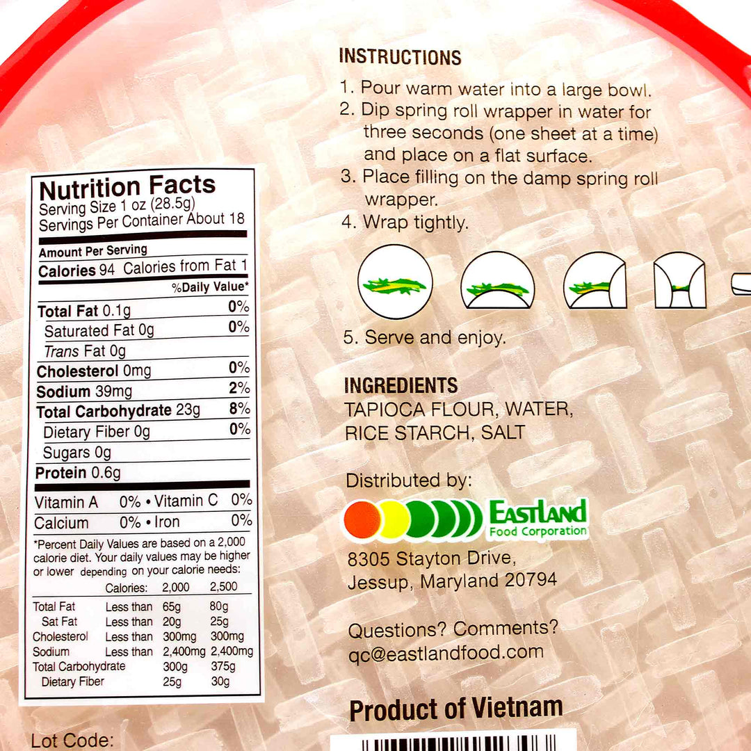 A label showing the ingredients of a bag of Asian Best Vietnamese Spring Roll Wrapper.
