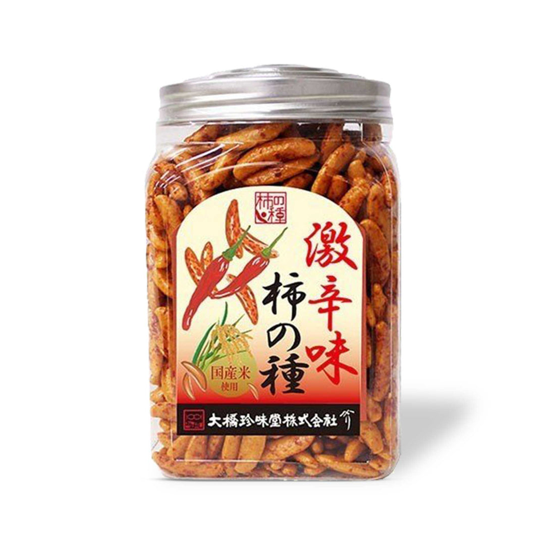 A jar of Ohashi Kaki no Tane: Extra Spicy from Ohashi Chinmido on a white background.