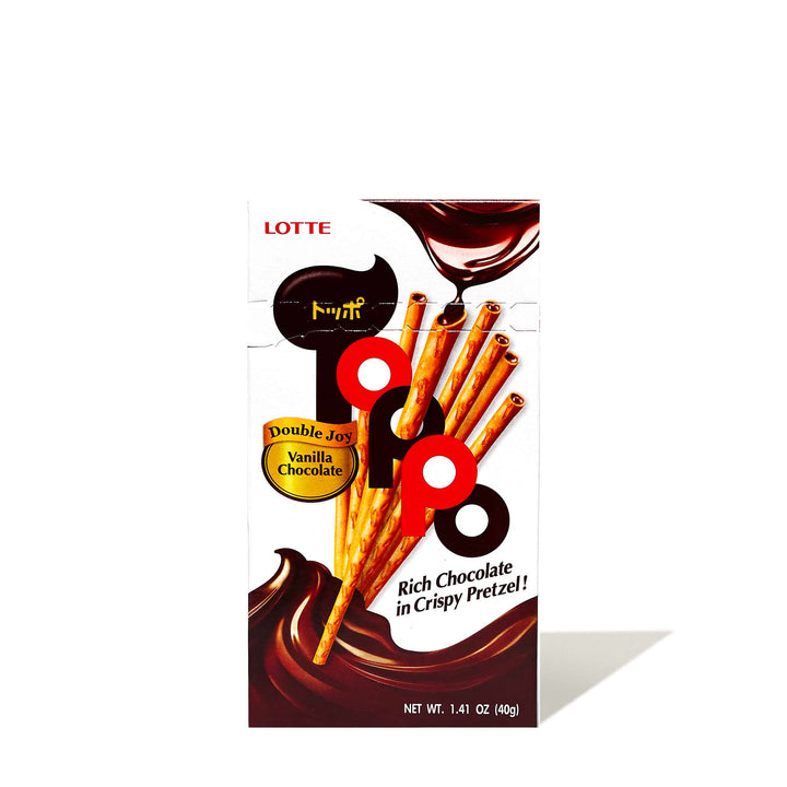 A box of Lotte Toppo: Vanilla Chocolate with Lotte chocolate sauce.
