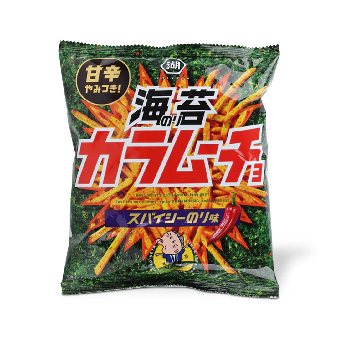 A bag of Koikeya Karamucho Potato Sticks: Sweet & Spicy Seaweed on a white background.