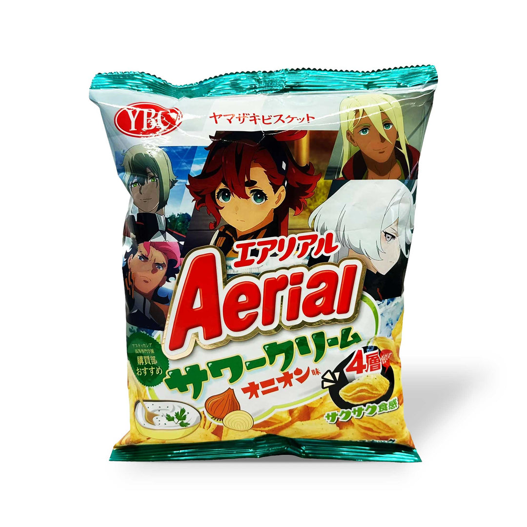 A bag of YBC Aerial Layered 4D Chips: Sour Cream & Onion with anime characters on it.