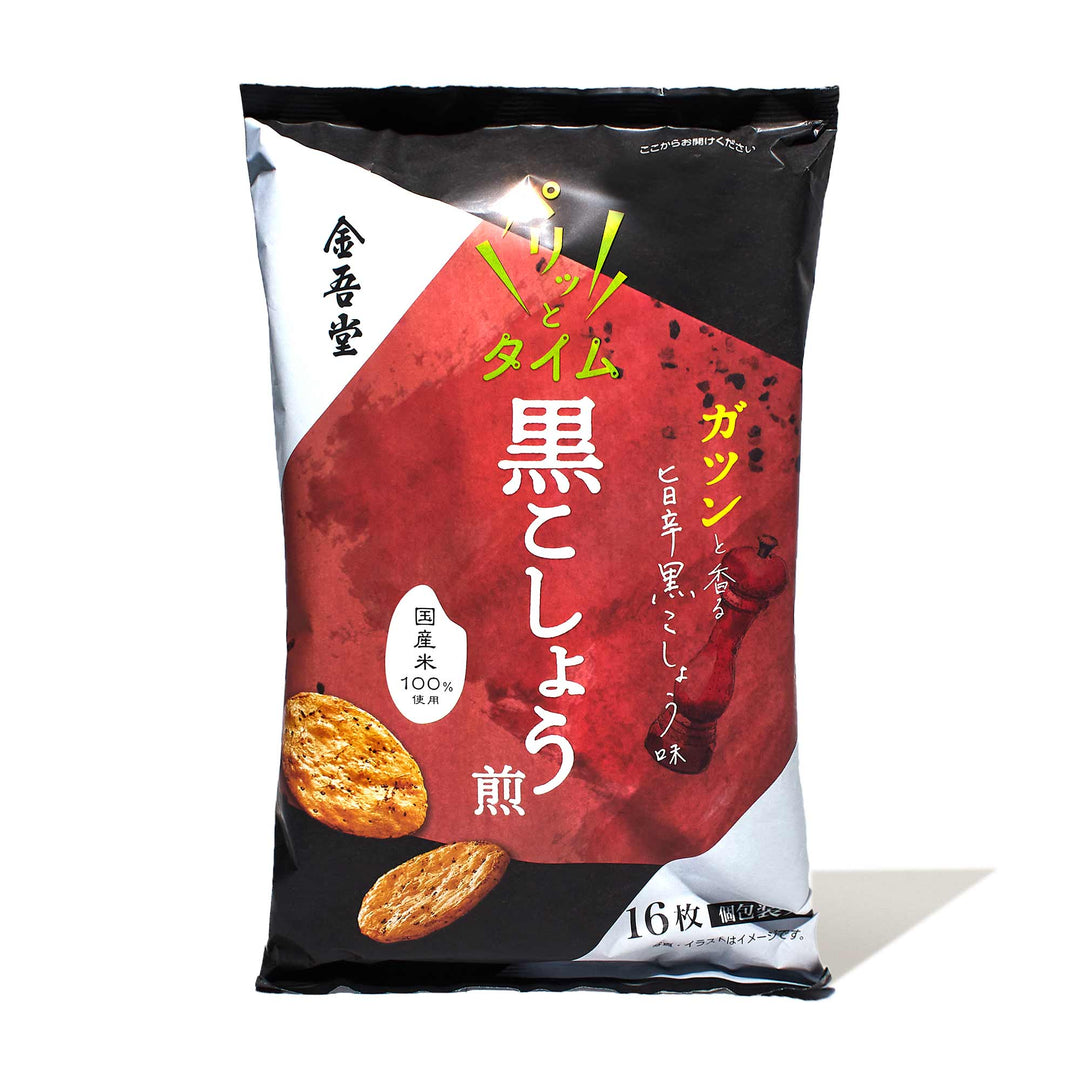 A bag of Kingodo Rice Crackers: Black Pepper on a white background.