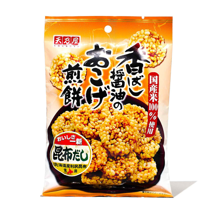 A bag of Amanoya Rice Crackers: Roasted Soy Sauce on a white background.