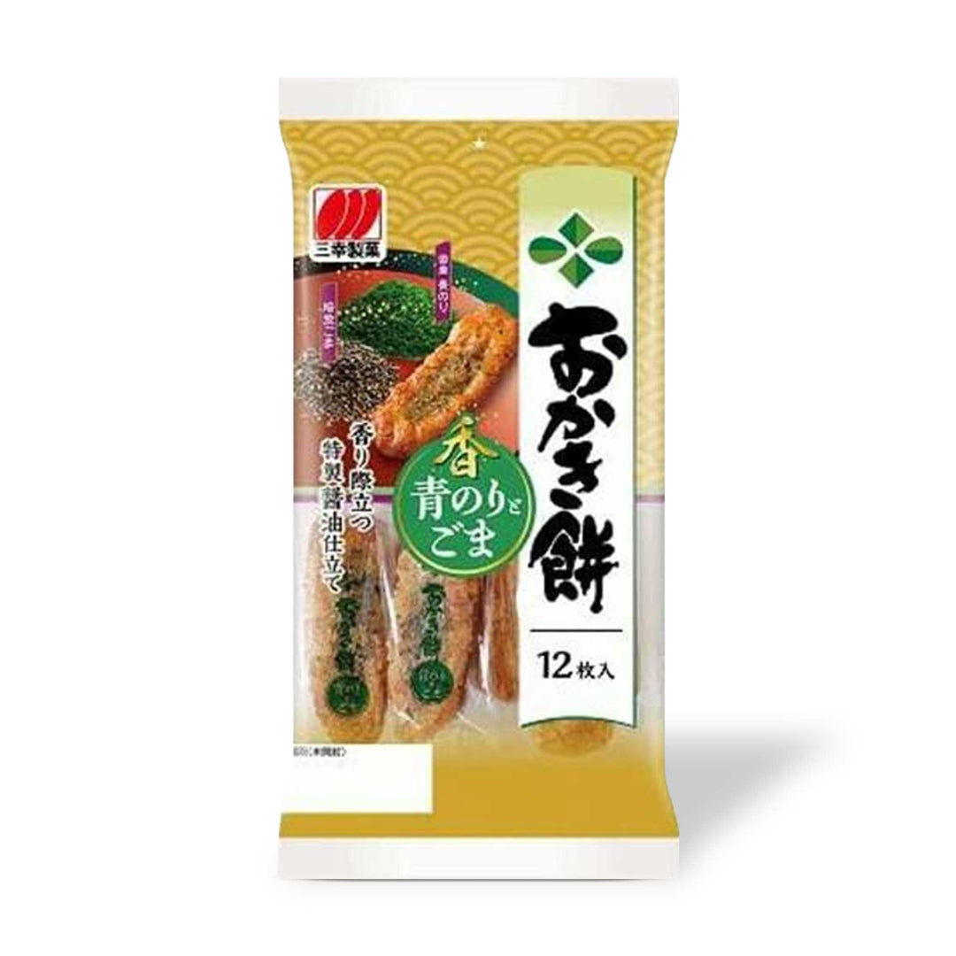 A packet of Sanko Okaki Rice Crackers: Sesame & Seaweed (12 pieces) on a white background.