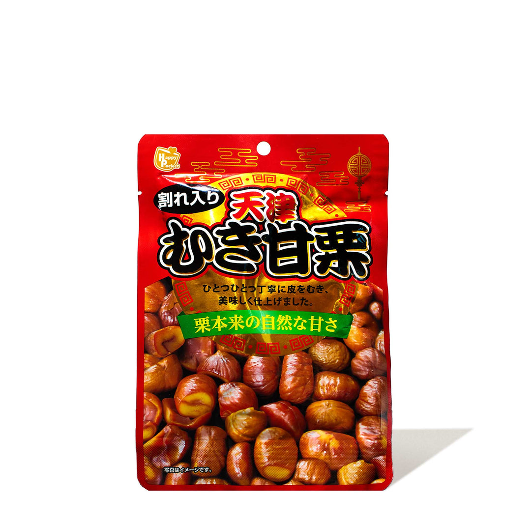 A packet of Sweet Box Roasted & Shelled Chestnuts with chinese writing on it.