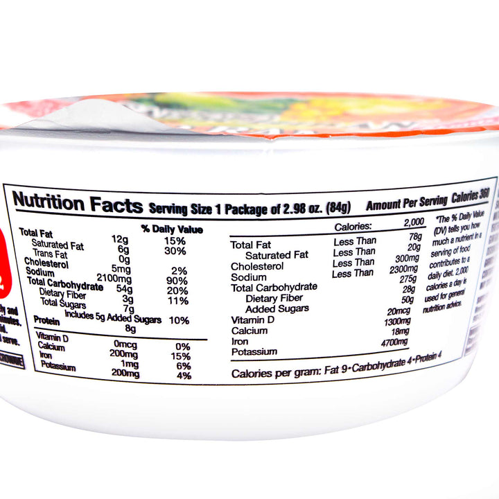 A container of Sapporo Ichiban Ramen Bowl: Miso with nutrition facts on it.