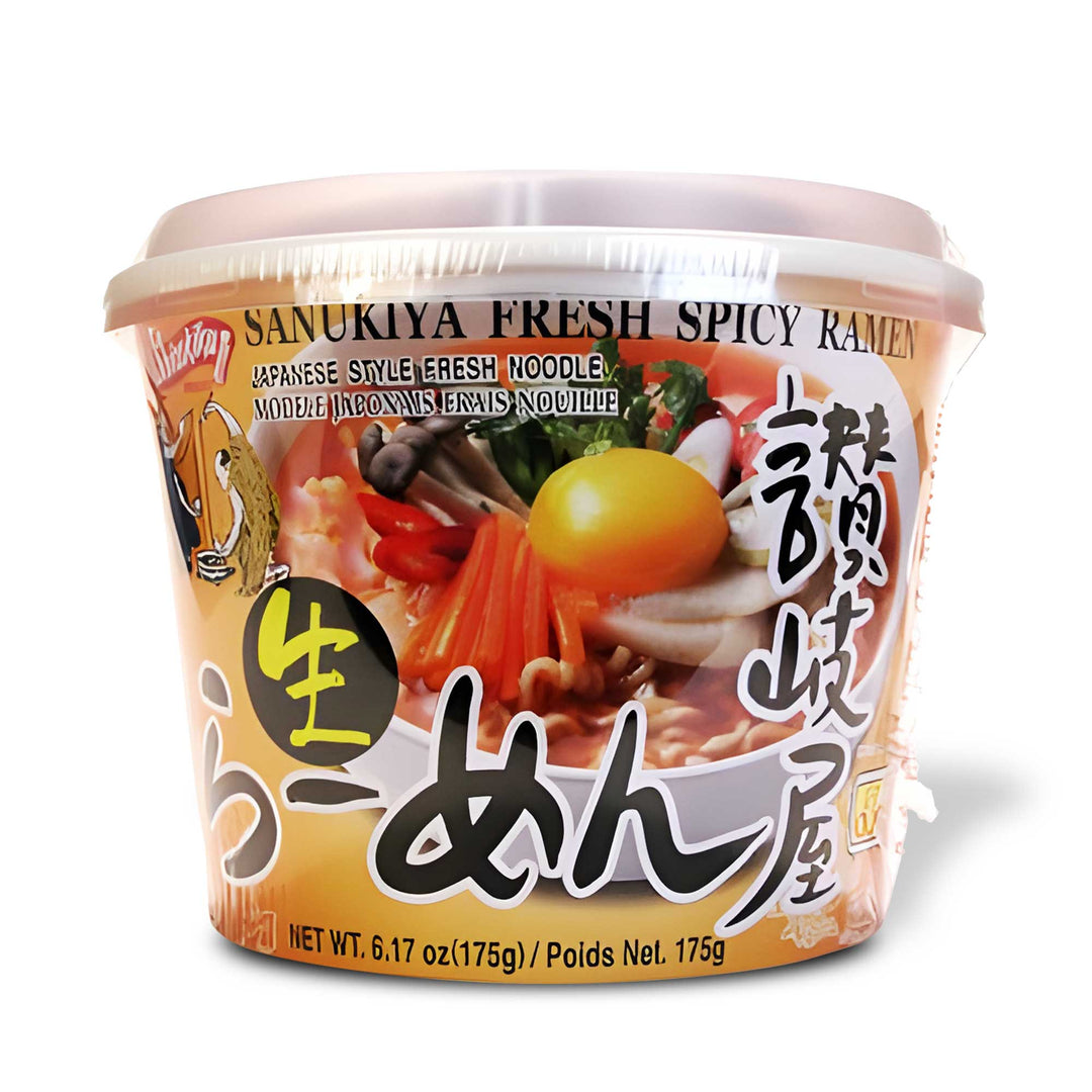 Shirakiku Sanukiya Nama Fresh Spicy Ramen Bowl in a plastic container.