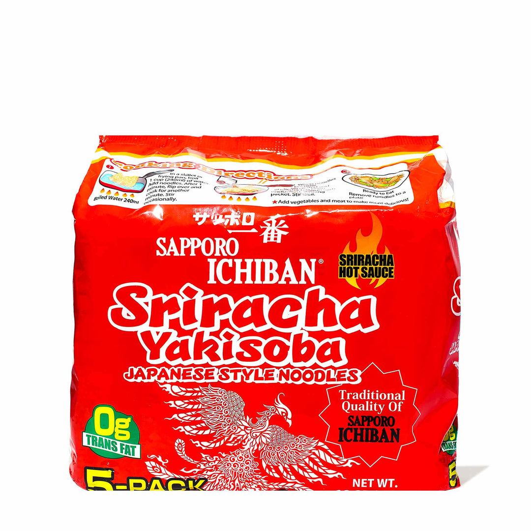 A package of Sapporo Ichiban Sriracha Yakisoba (5-pack) by Sapporo Ichiban on a white background.