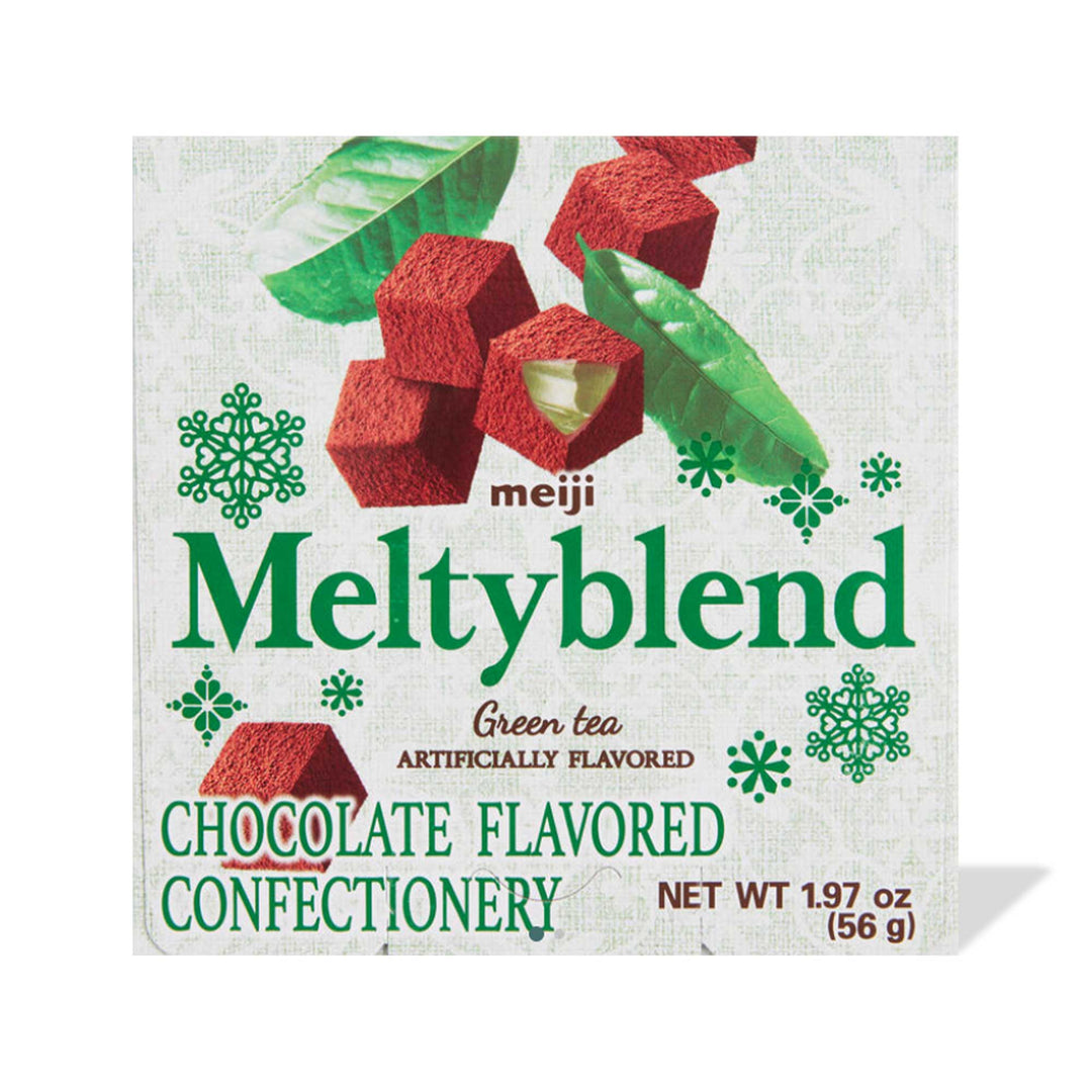 A box of individually wrapped, Meiji Melty Blend Chocolate: Green Tea flavored confectionery.