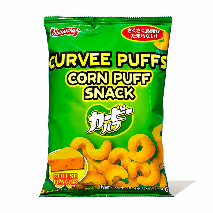 A bag of Shirakiku Curvee Corn Puffs: Cheese snack.