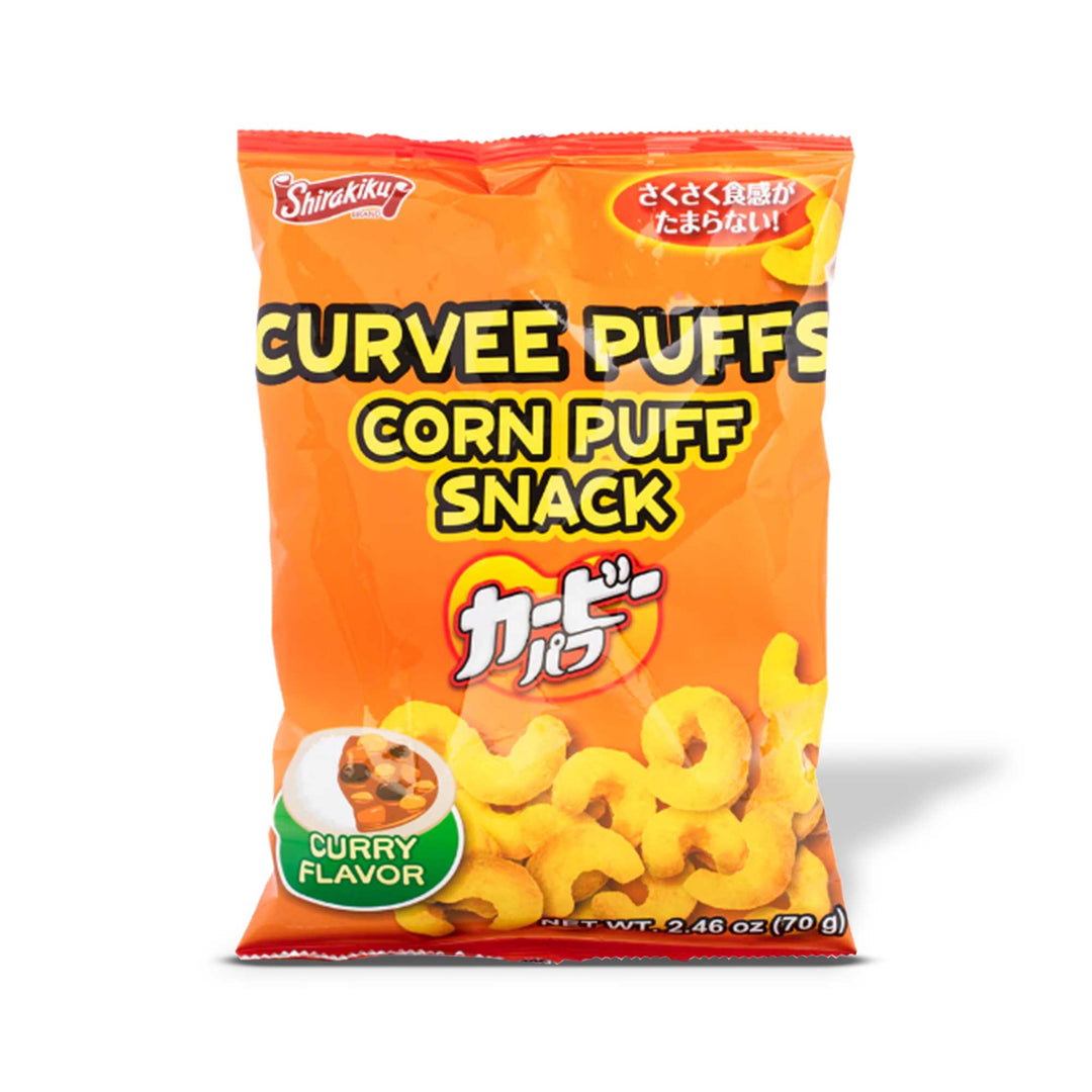 A bag of Shirakiku Curvee Puffs: Curry corn puff snack.