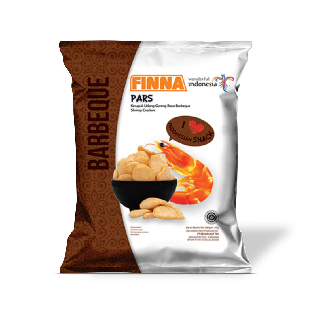 A bag of Finna Pars Shrimp Crackers: BBQ on a white background.