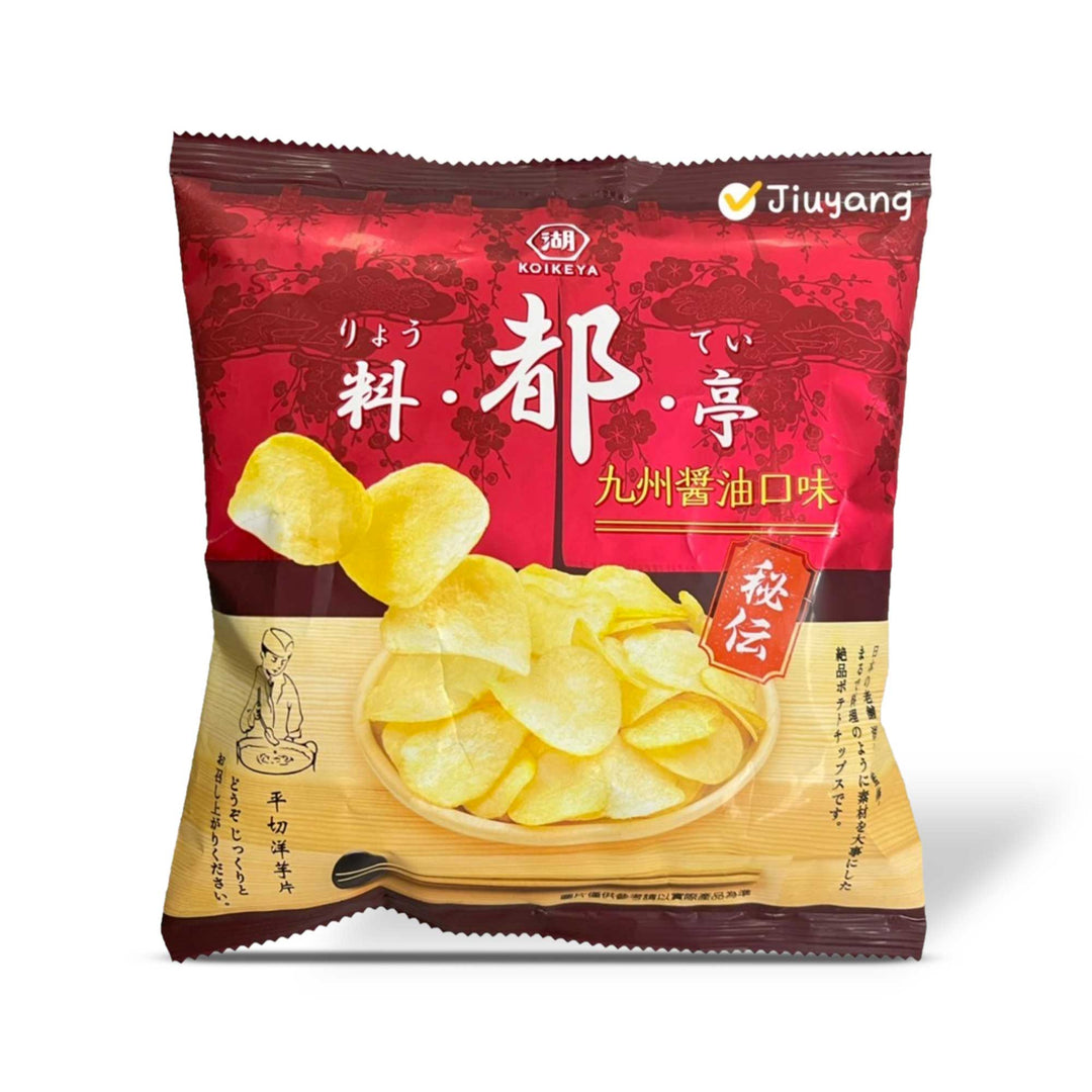A bag of Koikeya Potato Chips: Kyushu Soy Sauce with a crunchy consistency and Chinese writing on it.
