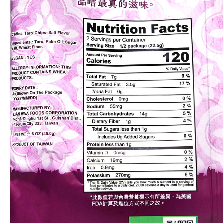 A bag of Cadina Taro Chips with a label on it.
