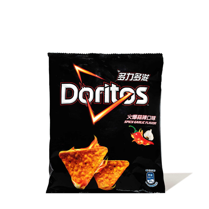 A bag of Doritos: Spicy Garlic chips on a white background.