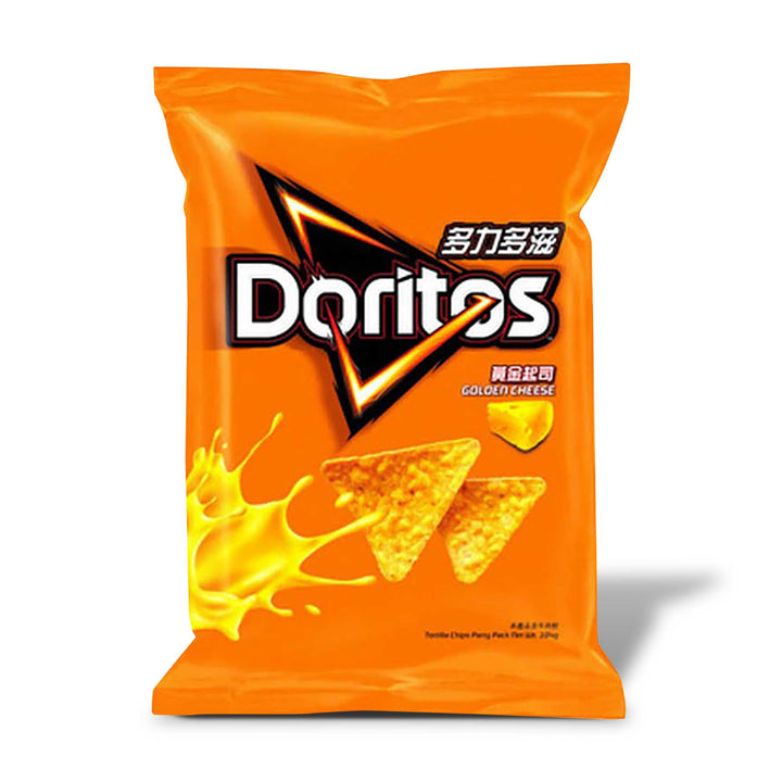 A bag of Doritos: Golden Cheese chips on a white background.