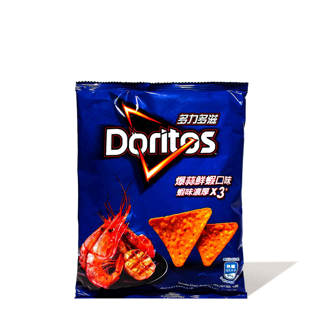 A variety pack of Doritos indicating a flavor explosion with Sriracha Shrimp flavor, showcasing a spicy taste with three chili icons.