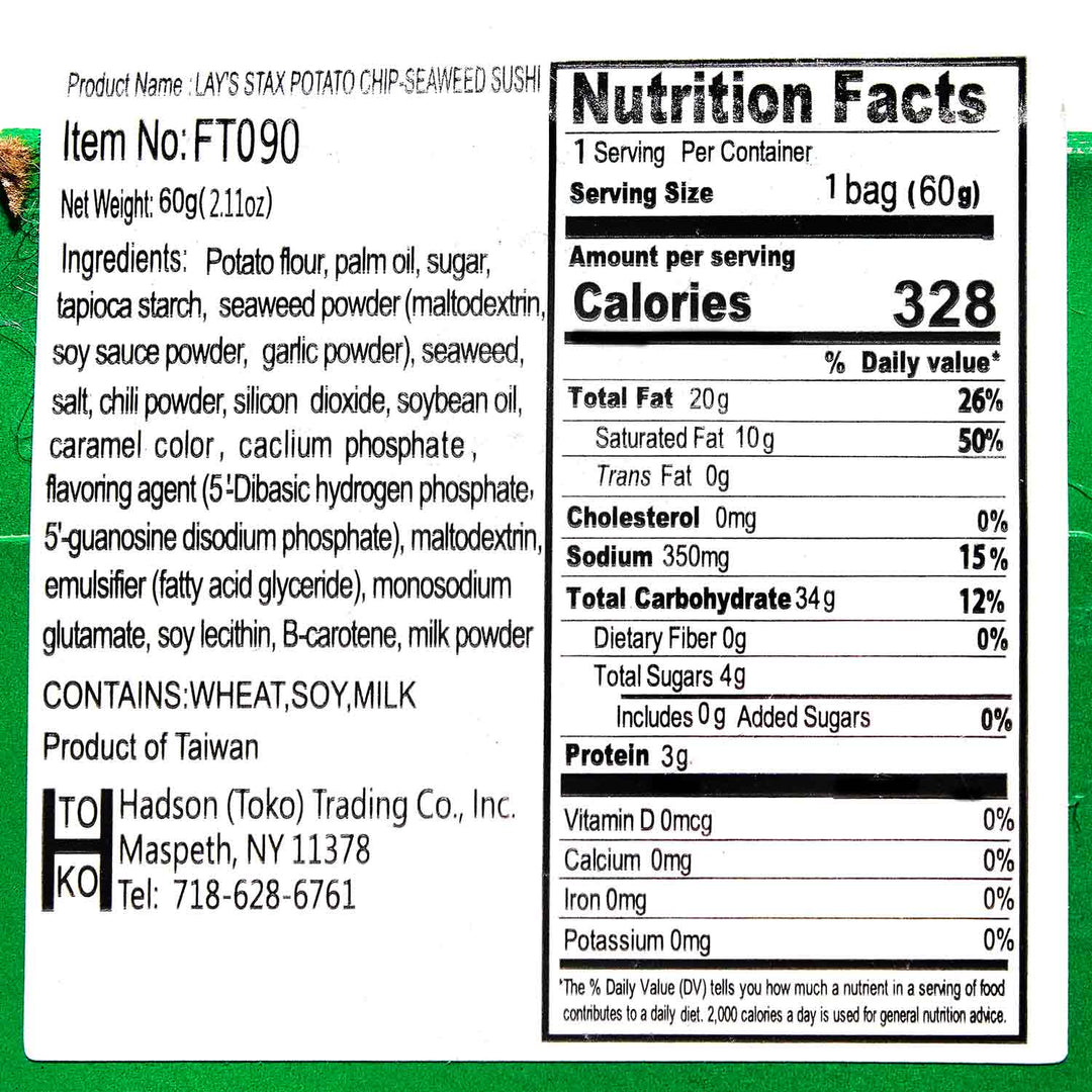 A label showing the nutrition facts of Lay's Stax Potato Chips: Sushi.