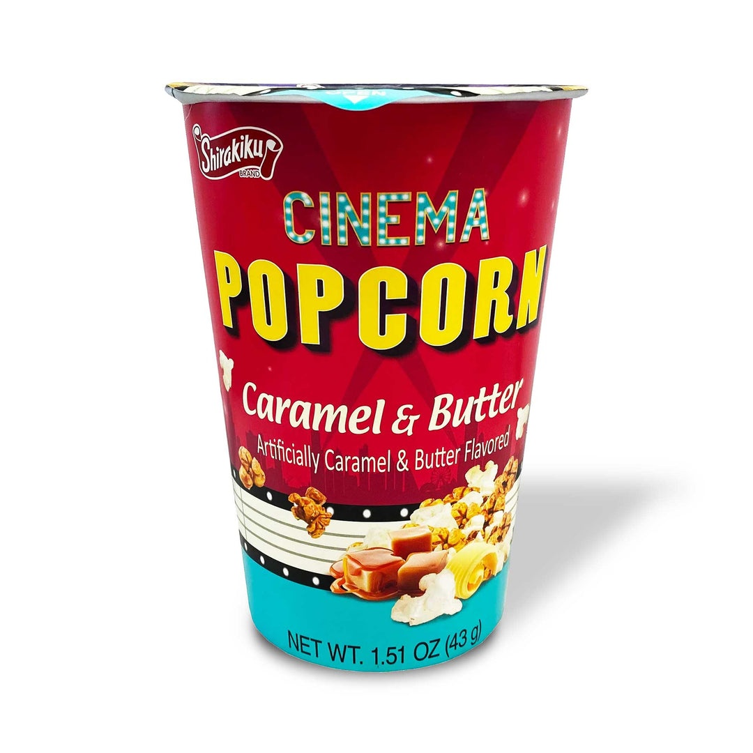A cup of Shirakiku Cinema Popcorn: Caramel & Butter.