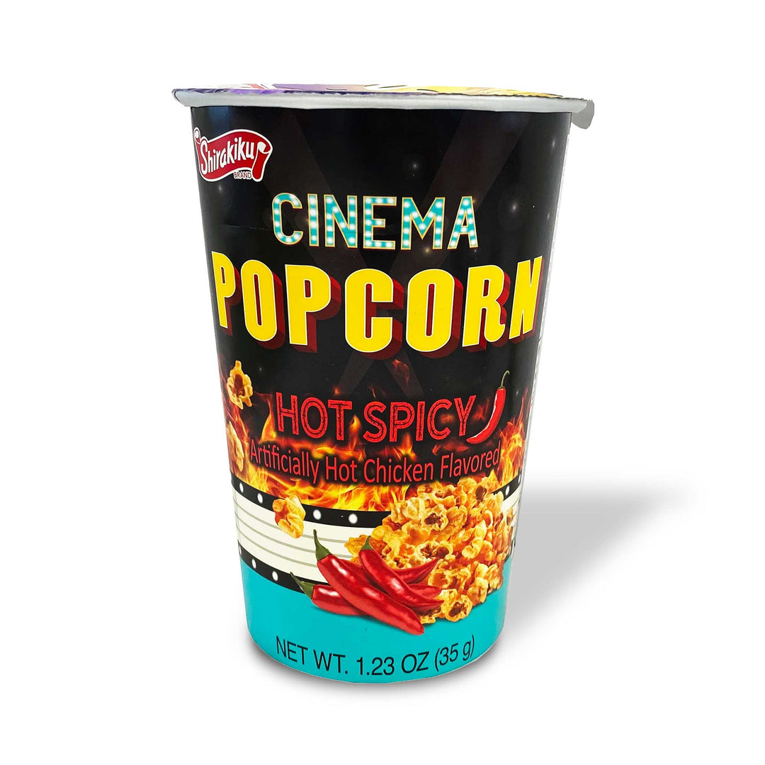 A cup of Shirakiku Cinema Popcorn: Hot & Spicy on a white background.