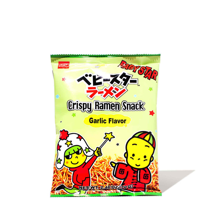 A bag of Oyatsu Baby Star Crispy Ramen Snack: Garlic from Oyatsu Company.