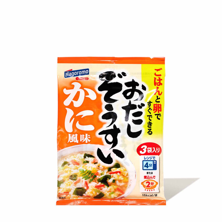 A packet of Hagoromo Zosui Japanese Congee Base: Crab on a white background.
