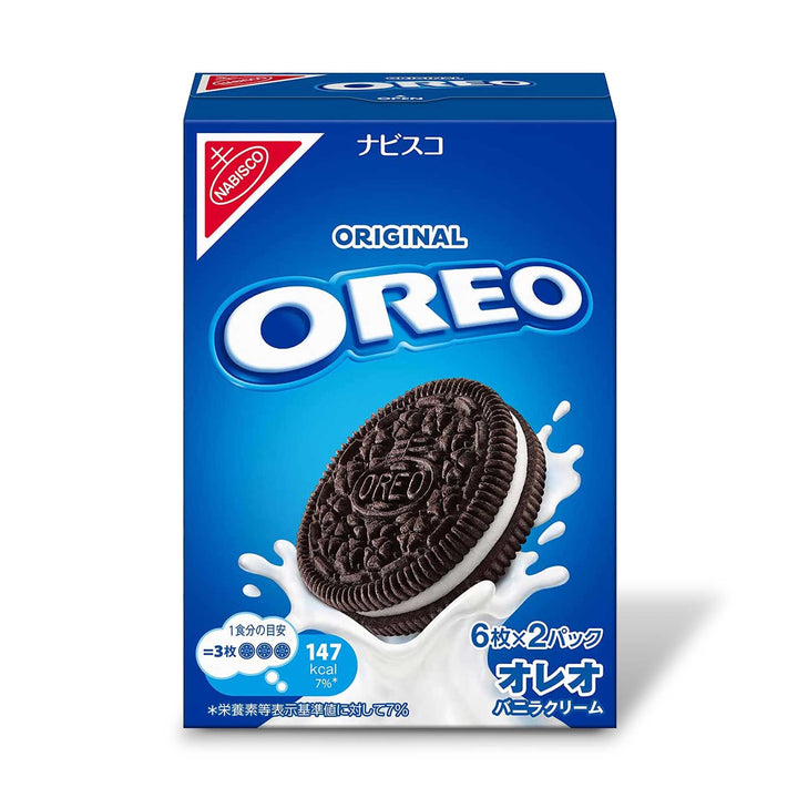 A box of Japanese Oreo: Original Vanilla cookies on a white background.