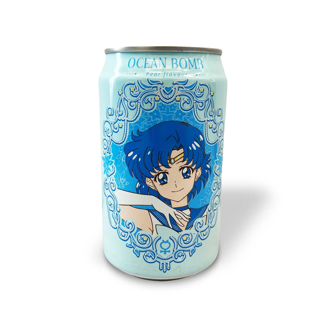 A can of Ocean Bomb Sailor Moon Sparkling Water: Pear with an image of sailor sailor.