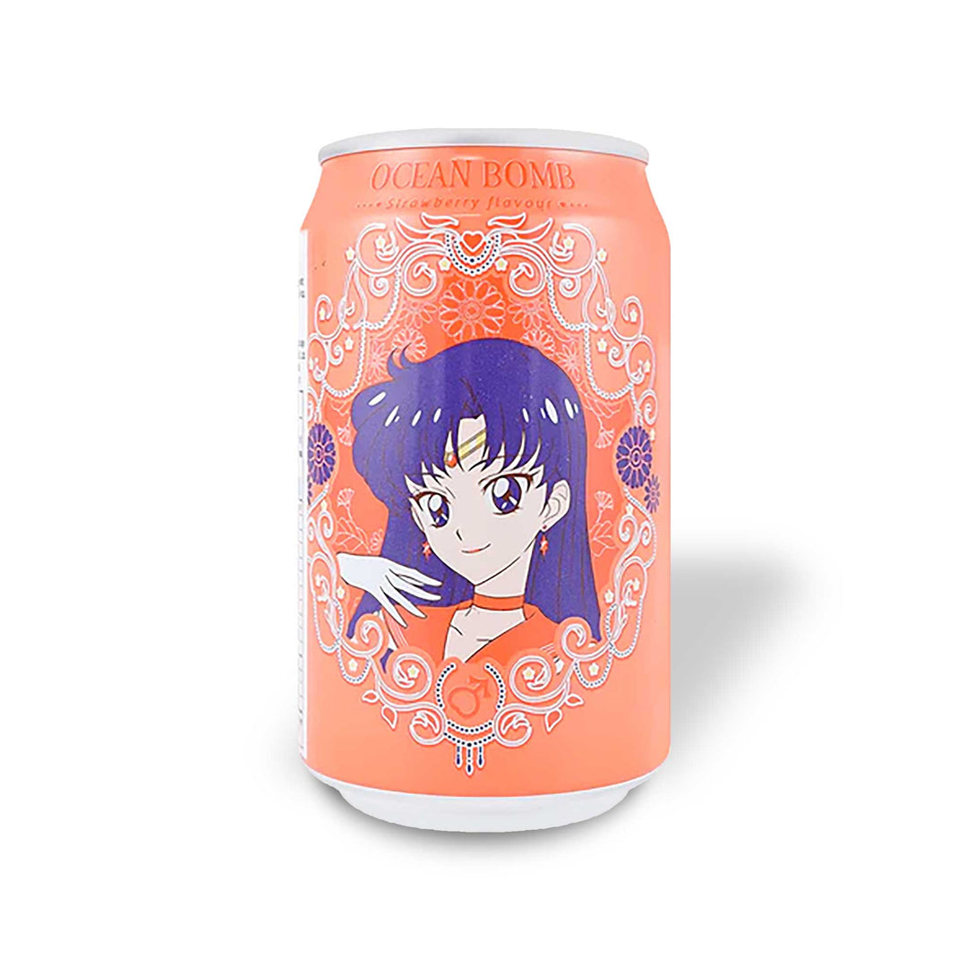 A can of Ocean Bomb Sailor Moon Sparkling Water: Strawberry with an anime character on it.