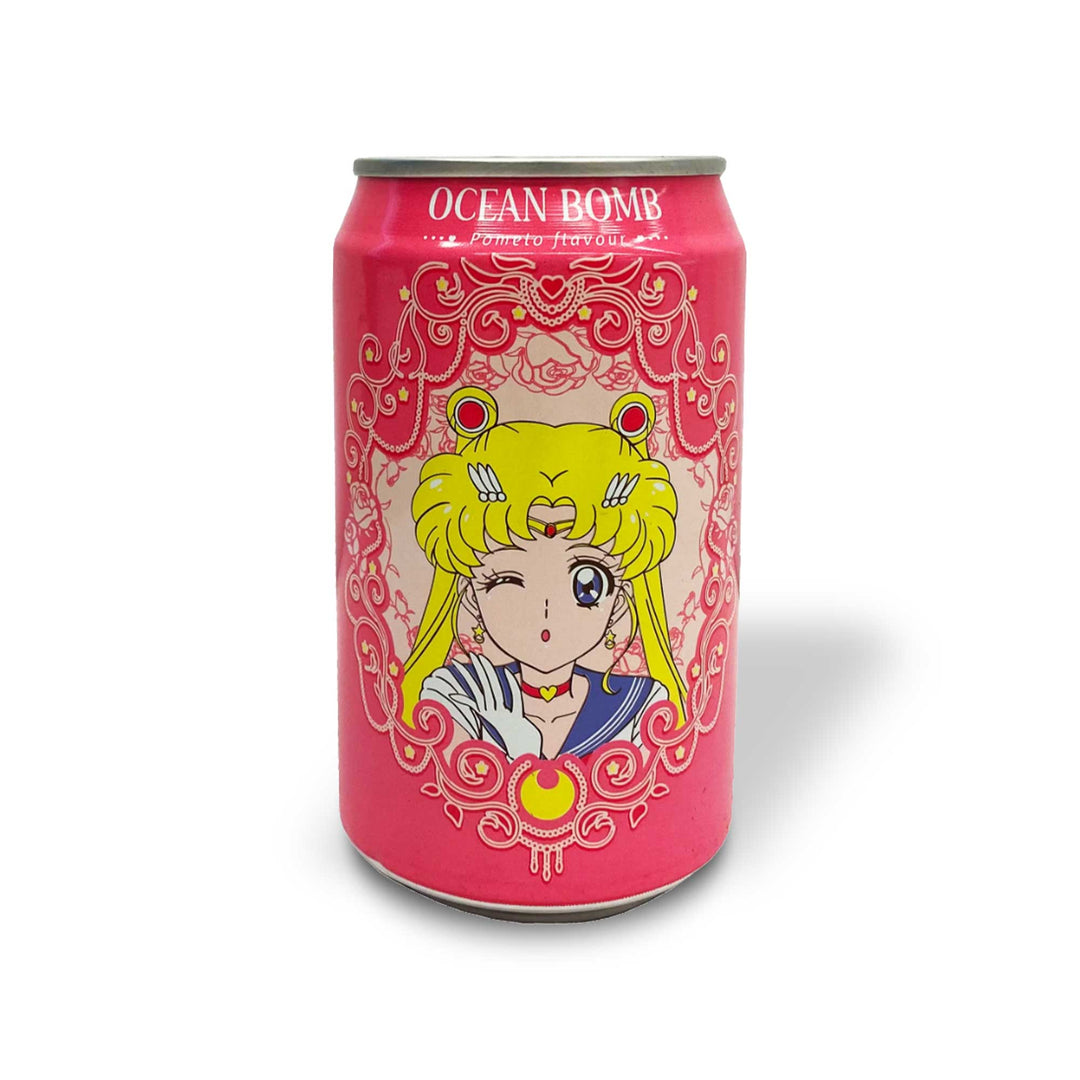 An Ocean Bomb Sailor Moon Sparkling Water: Pomelo can with a sailor moon character on it.
