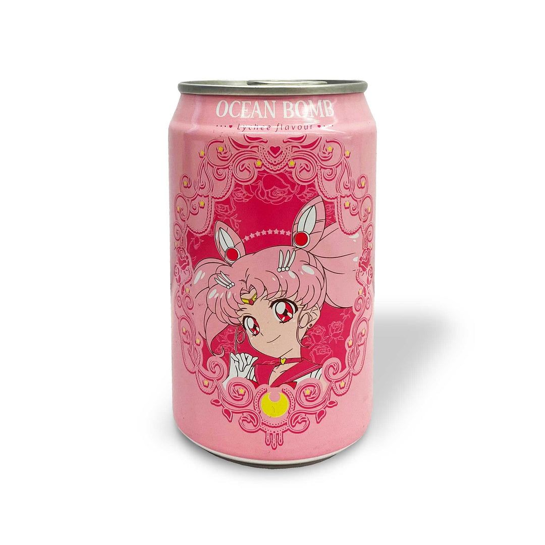 A pink can of Ocean Bomb Sailor Moon Sparkling Water: Lychee with an image of sailor moon.