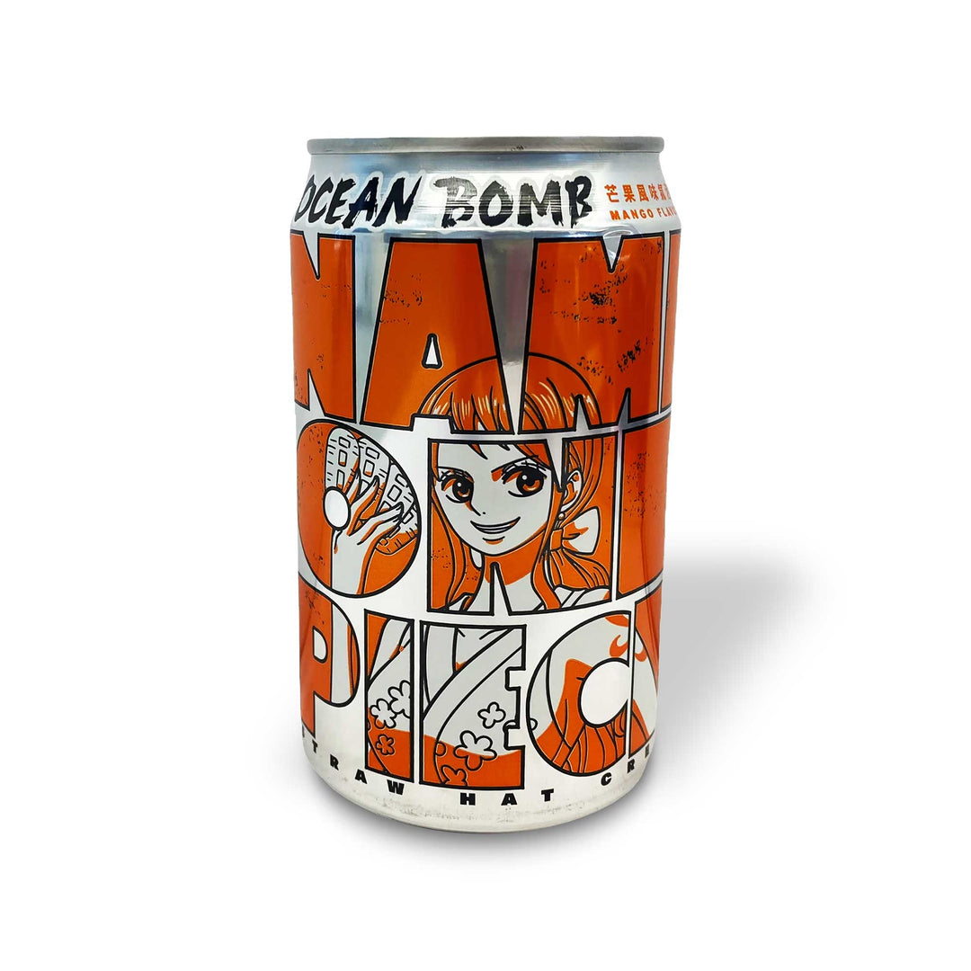 A can of Ocean Bomb One Piece Sparkling Water: Mango with a cartoon character on it.