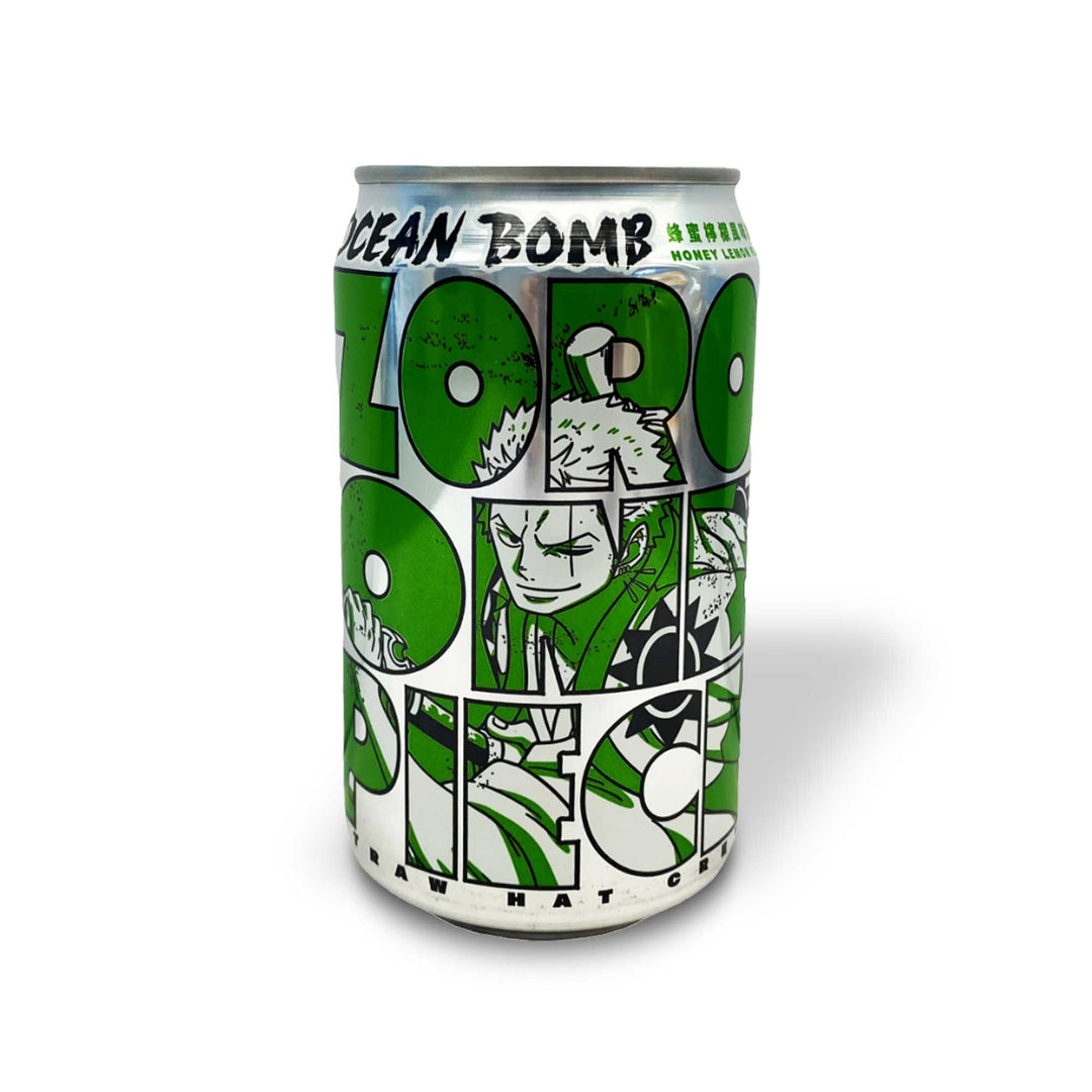 A can of Ocean Bomb One Piece Sparkling Water: Honey Lemon with cartoon characters on it.