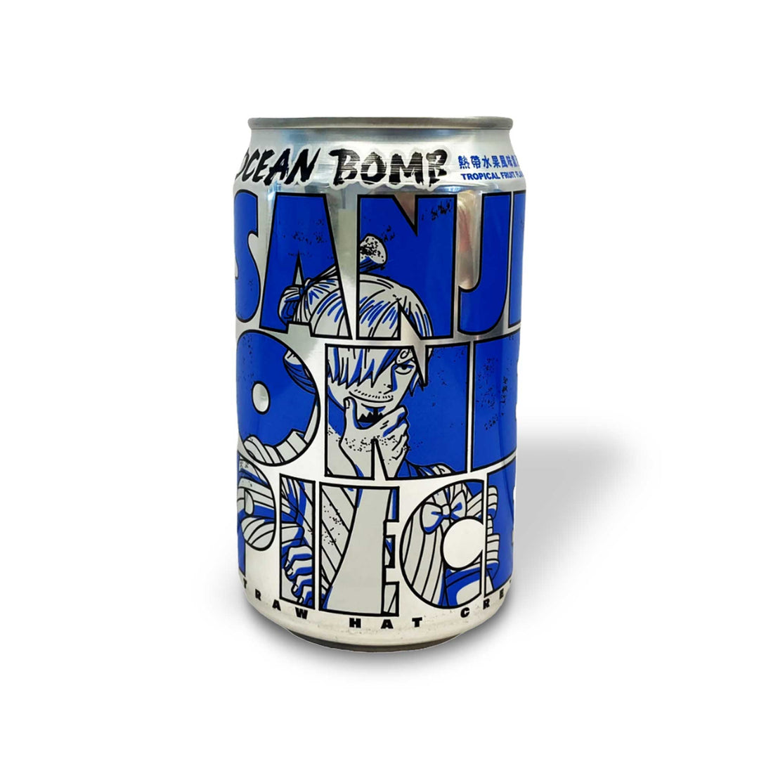 A can of Ocean Bomb One Piece Sparkling Water: Tropical Fruit with a drawing on it.
