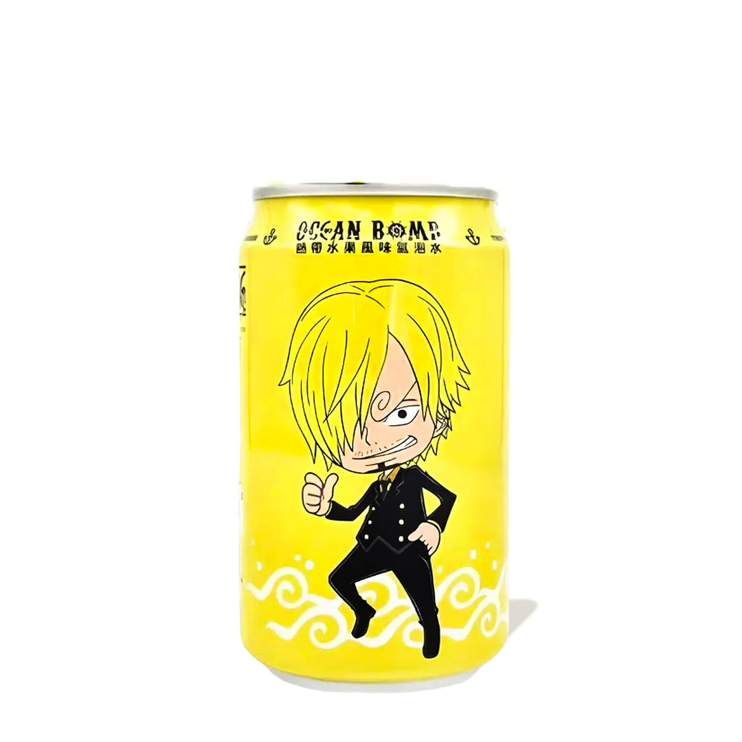 Yellow Ocean Bomb One Piece Sparkling Water: Tropical Fruit can featuring an illustration of a blonde cartoon character in a black outfit, with Asian script above and labeled "One Piece sparkling water.