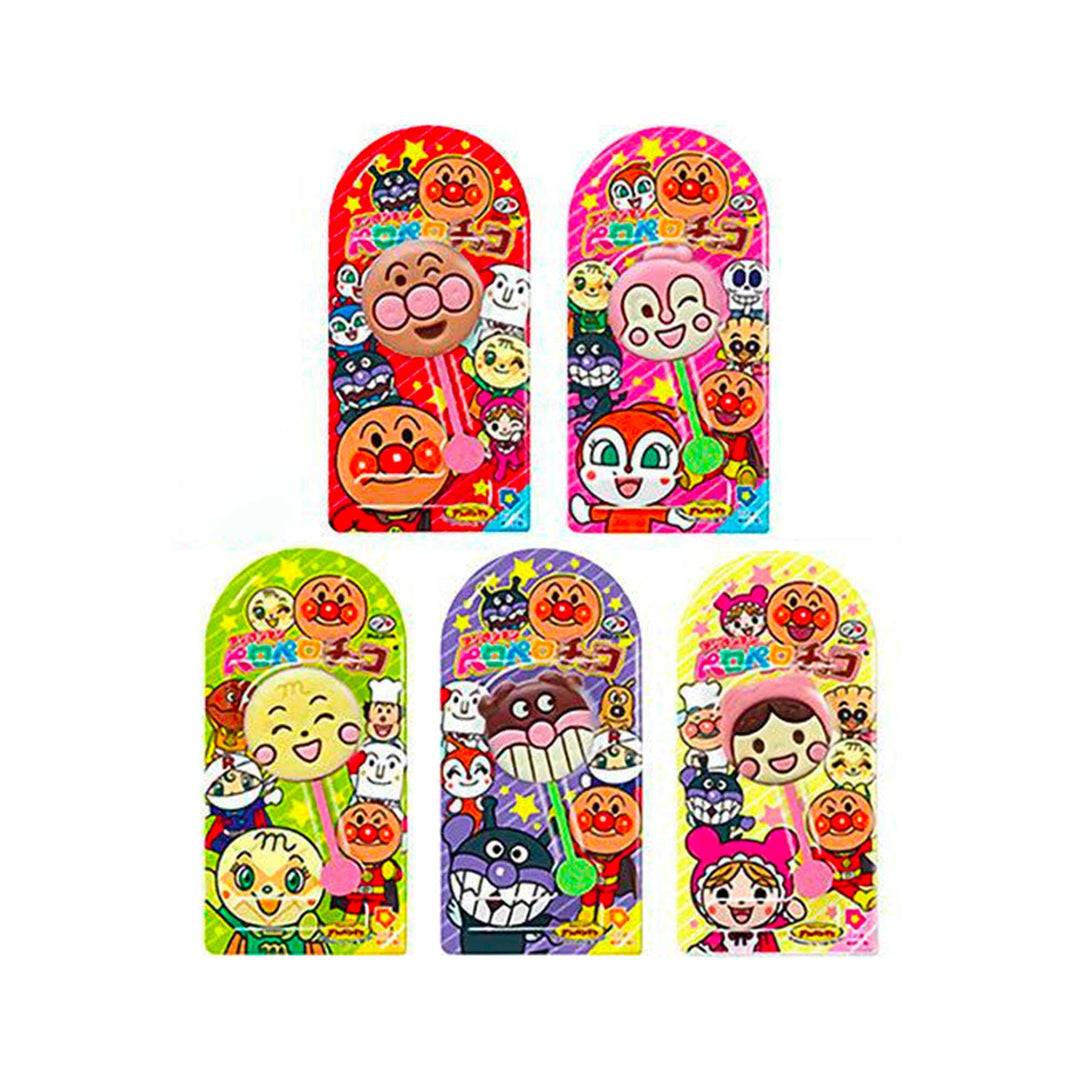 A set of Fujiya Anpanman Chocolate Lollipops (1 piece) with different faces on them.